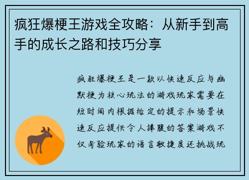 疯狂爆梗王游戏全攻略：从新手到高手的成长之路和技巧分享